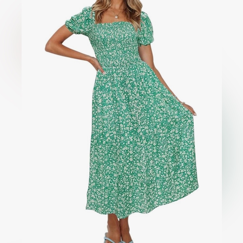 Boho Floral Print Square Neck Dress in Green and White